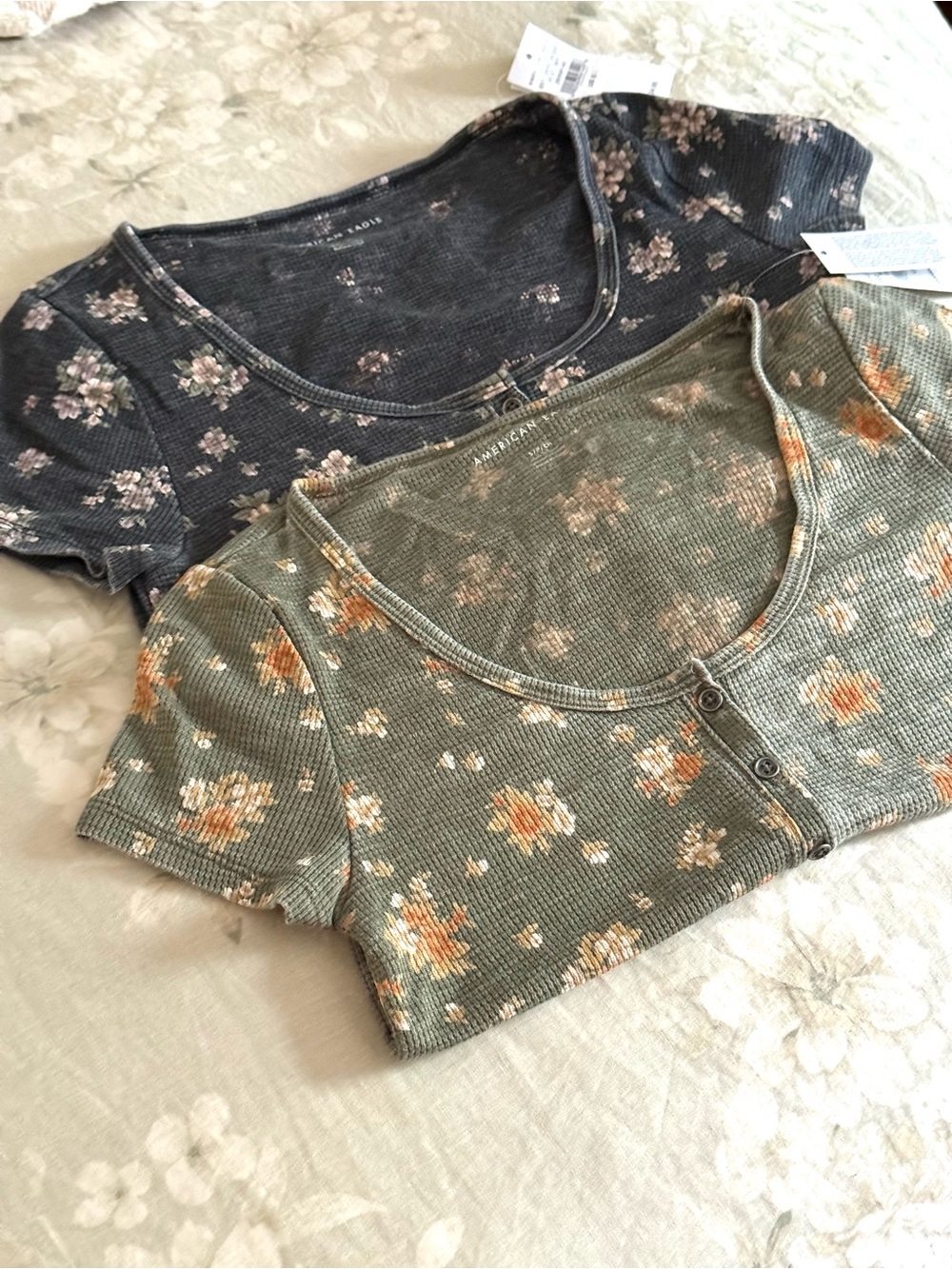 American Eagle Outfitters Floral Henley button Top Olive Green and Charcoal